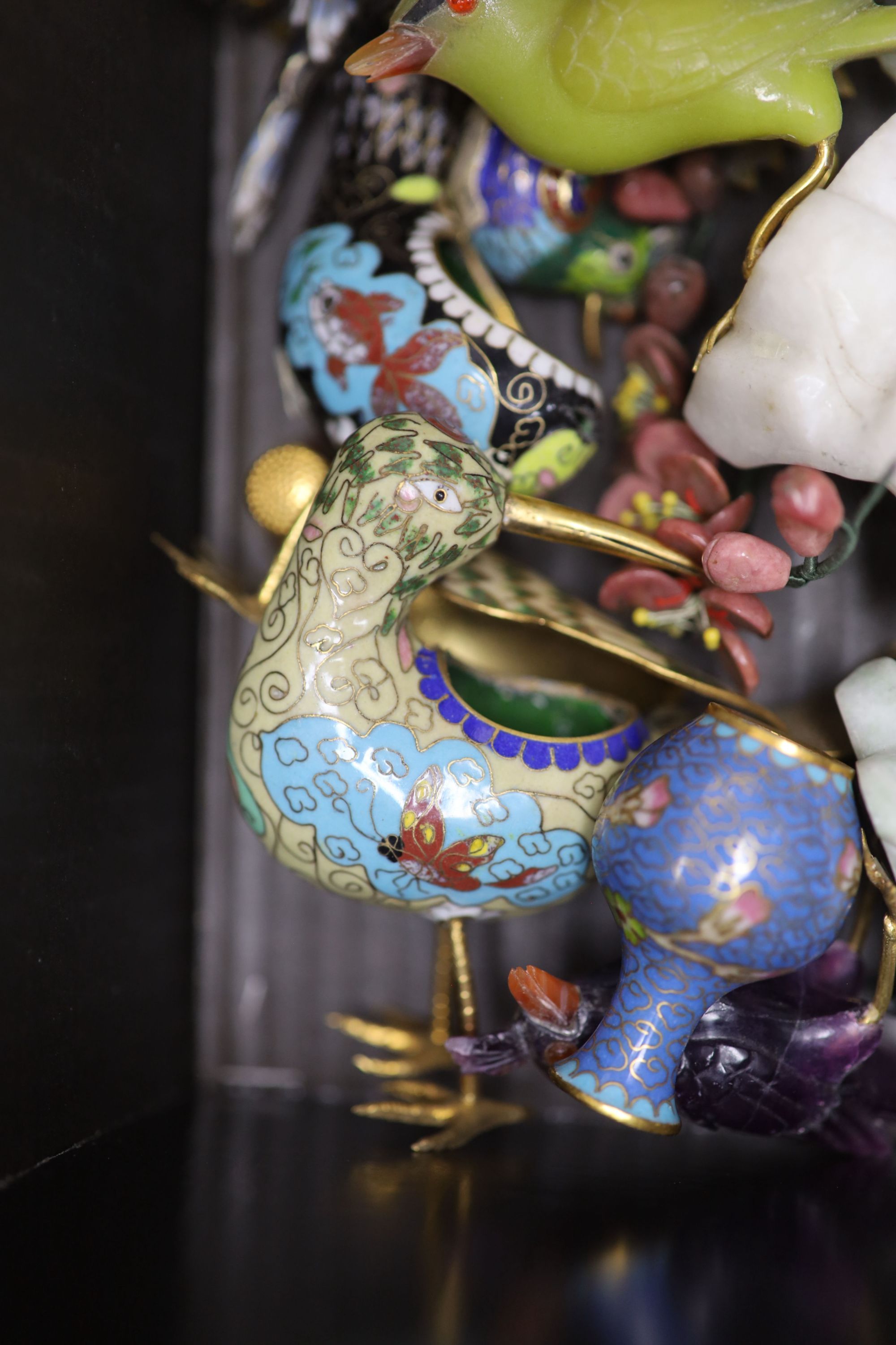 A group of Chinese cloisonne enamel and hardstone models of birds, plants and eggs, etc.